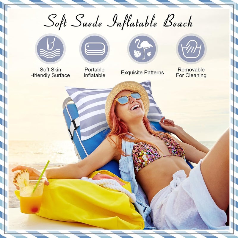 Menkxi 17"x10" Inflatable Beach Pillow with Removable Cover, Beach Chair Backpacking Pillow with Strap Stripe for Summer Sand Pools Travel Vacations(Gray White) - Image 2